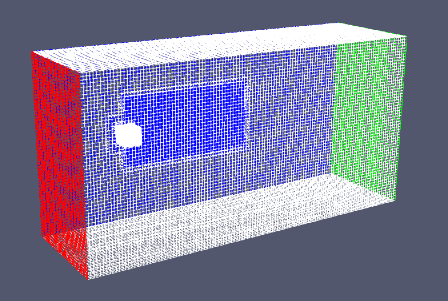 A rectangular domain drawn as a fine white mesh with a red inlet face, a green outlet face, a blue refinement region and a small white cube inside it.