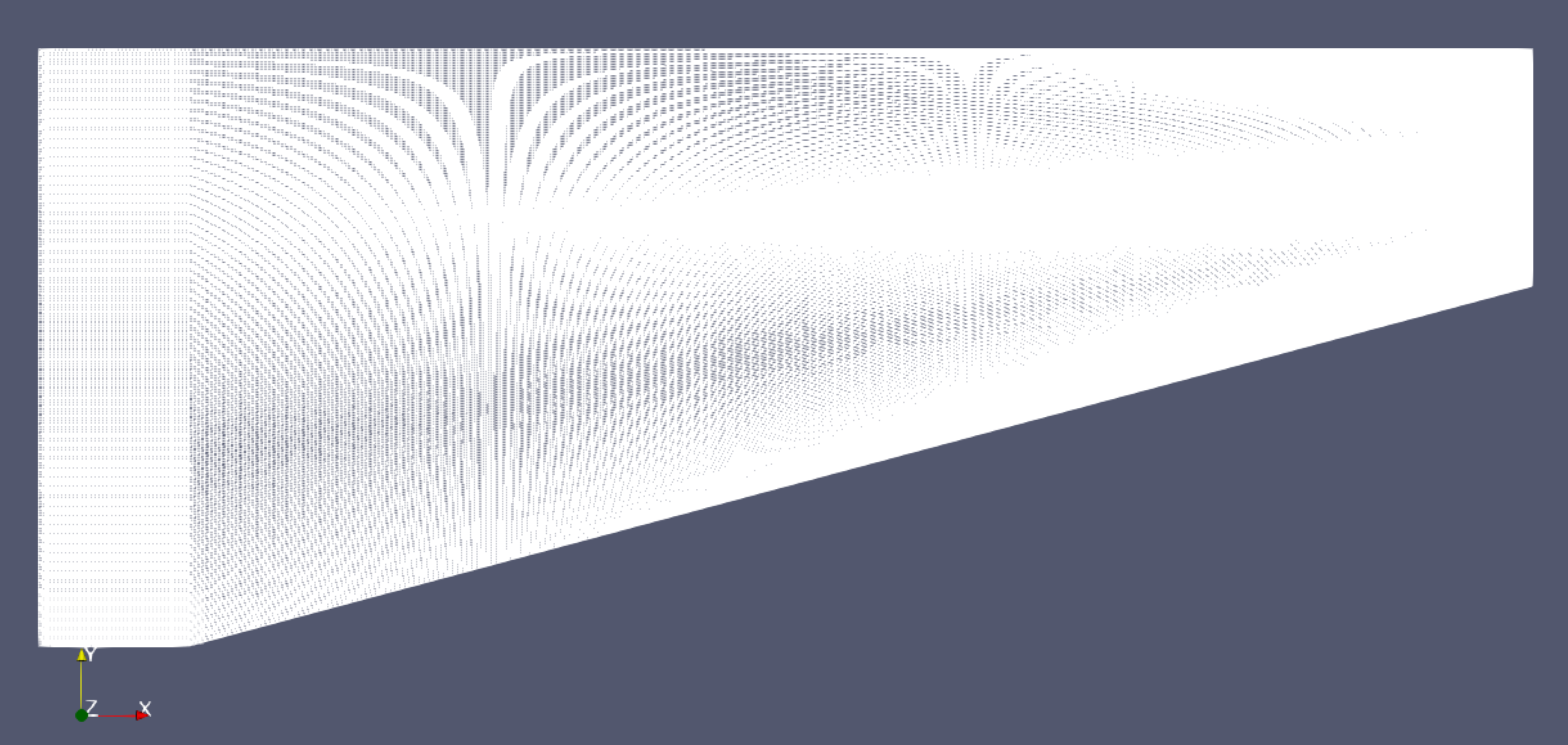 A wedge-shaped domain filled with a mesh whose lines converge toward the leading edge and toward the upper wall.