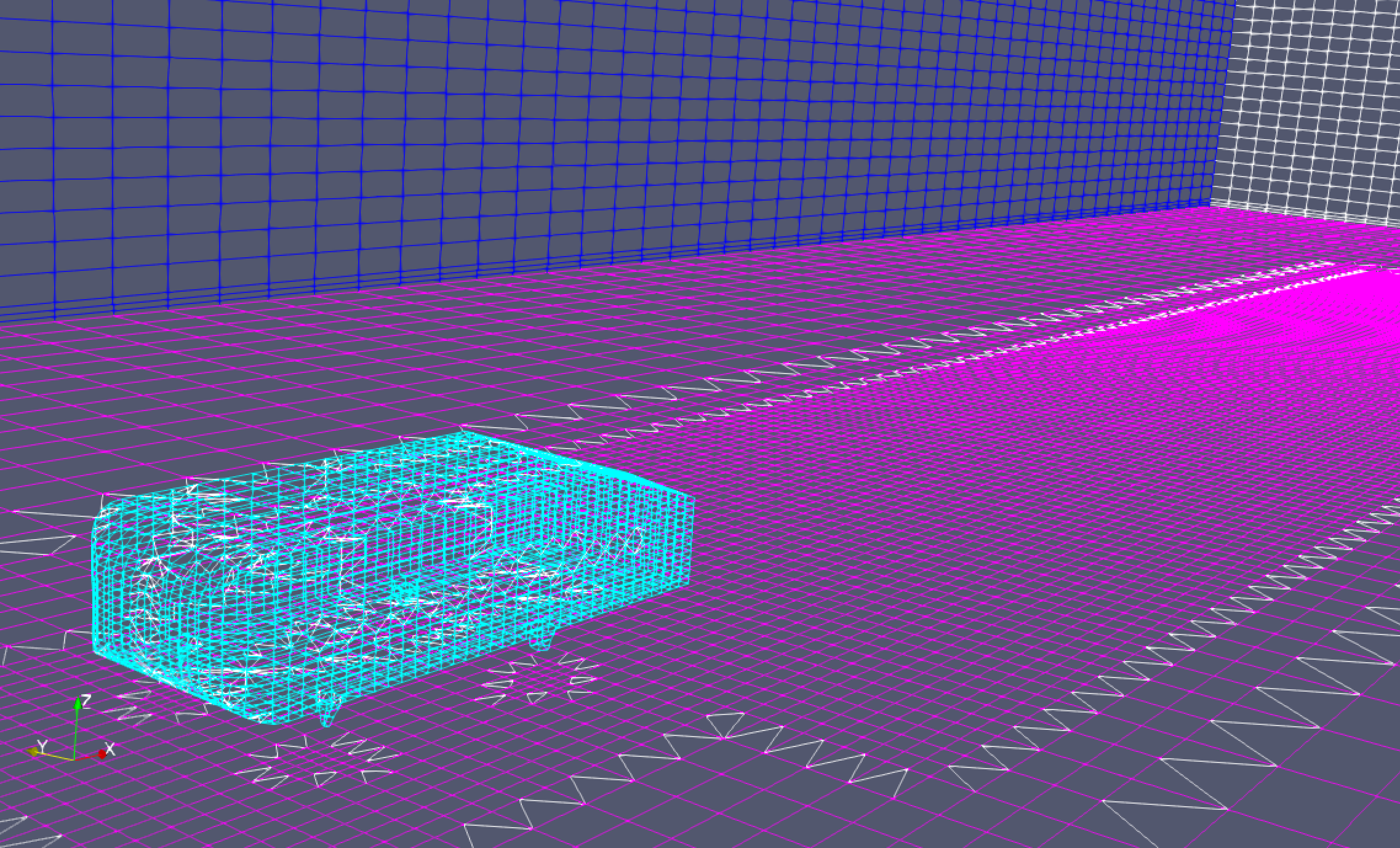 A cut through the volume mesh around the Ahmed body: a cyan refined cell cluster hugging the body, a magenta and blue graded background mesh, and a structured grid on the ground plane and far field.