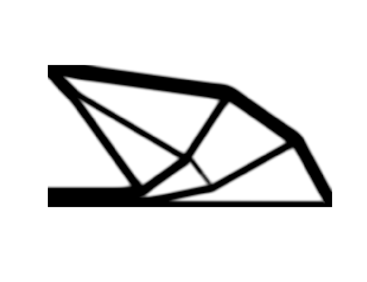 A black truss structure on white: a bending beam problem solved as a ground structure, with a heavy top chord, a diagonal web and a lower tie converging on a support at the left.