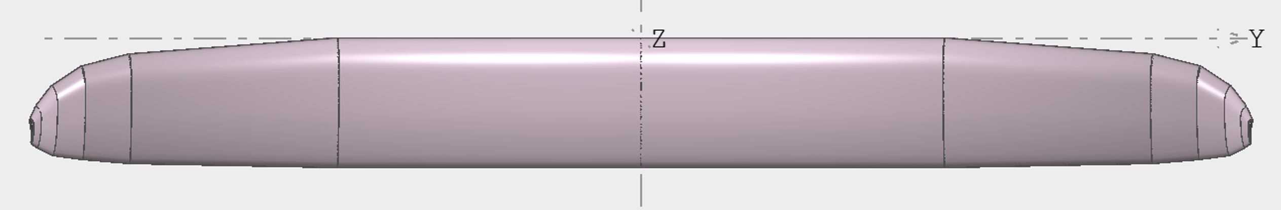 A shaded three-dimensional CAD render of the wing seen nearly edge on: a long constant-chord surface with rounded tips and a highlighted upper surface, with a coordinate triad at the right.