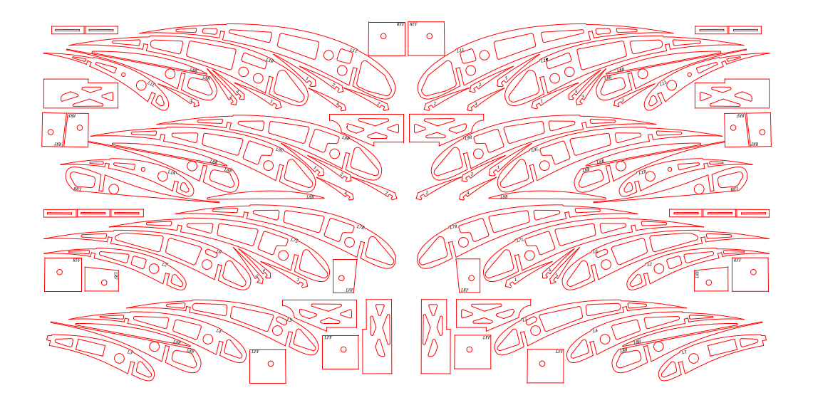 A laser cut sheet drawn in red line: dozens of nested wing rib profiles of decreasing chord with lightening holes and spar cutouts, plus aileron and control surface parts, packed to fill a rectangular sheet.