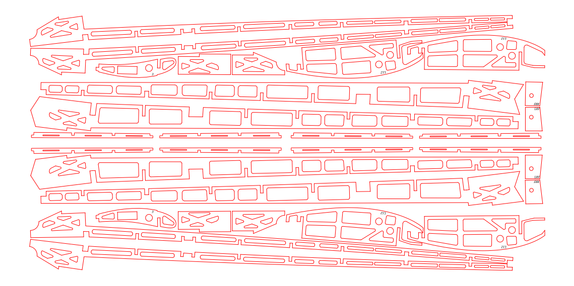 A second laser cut sheet of long narrow spar webs and stiffeners in red line, nested end to end across the sheet.