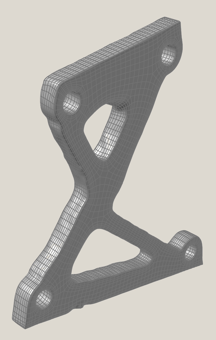 The same bracket after polyNURBS fitting: identical topology, two triangular voids and the same X-brace, now as a smooth meshed solid.