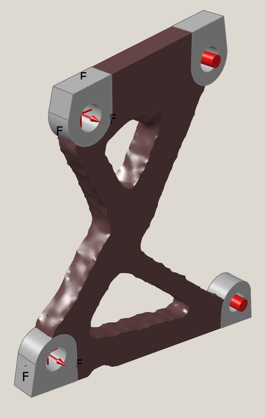 Raw SIMP density result for the slat bracket at volume fraction 0.35: a rough, faceted triangular frame with two lugs at the top and one at the bottom, load arrows in red.