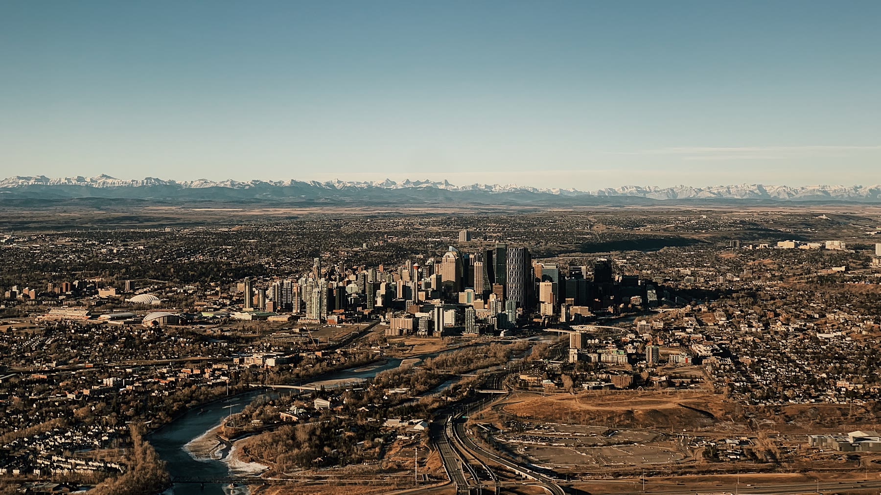 Calgary skyline from an airliner, late fall