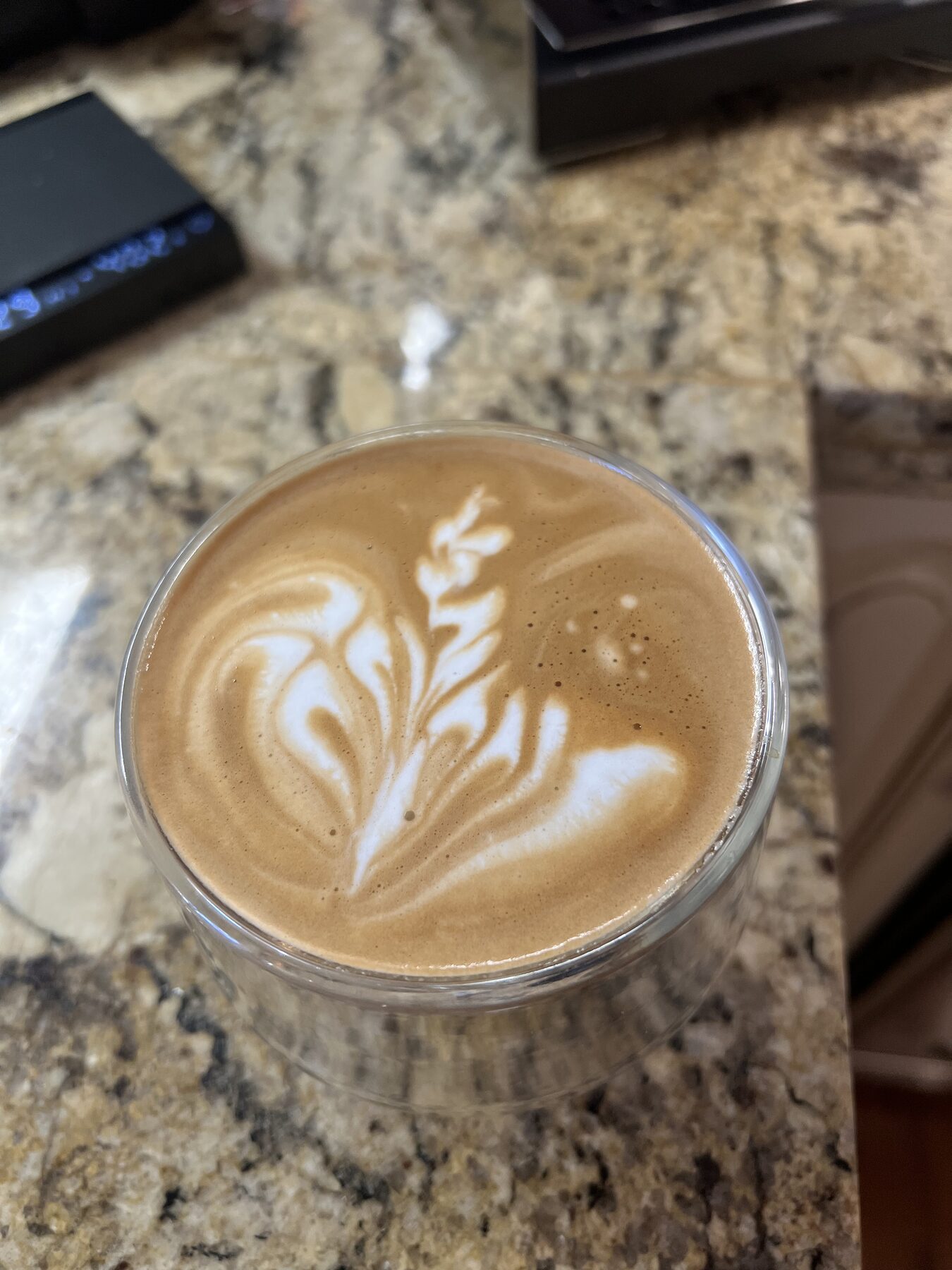 A finished milk drink in a cup, photographed from above, with poured leaf latte art.