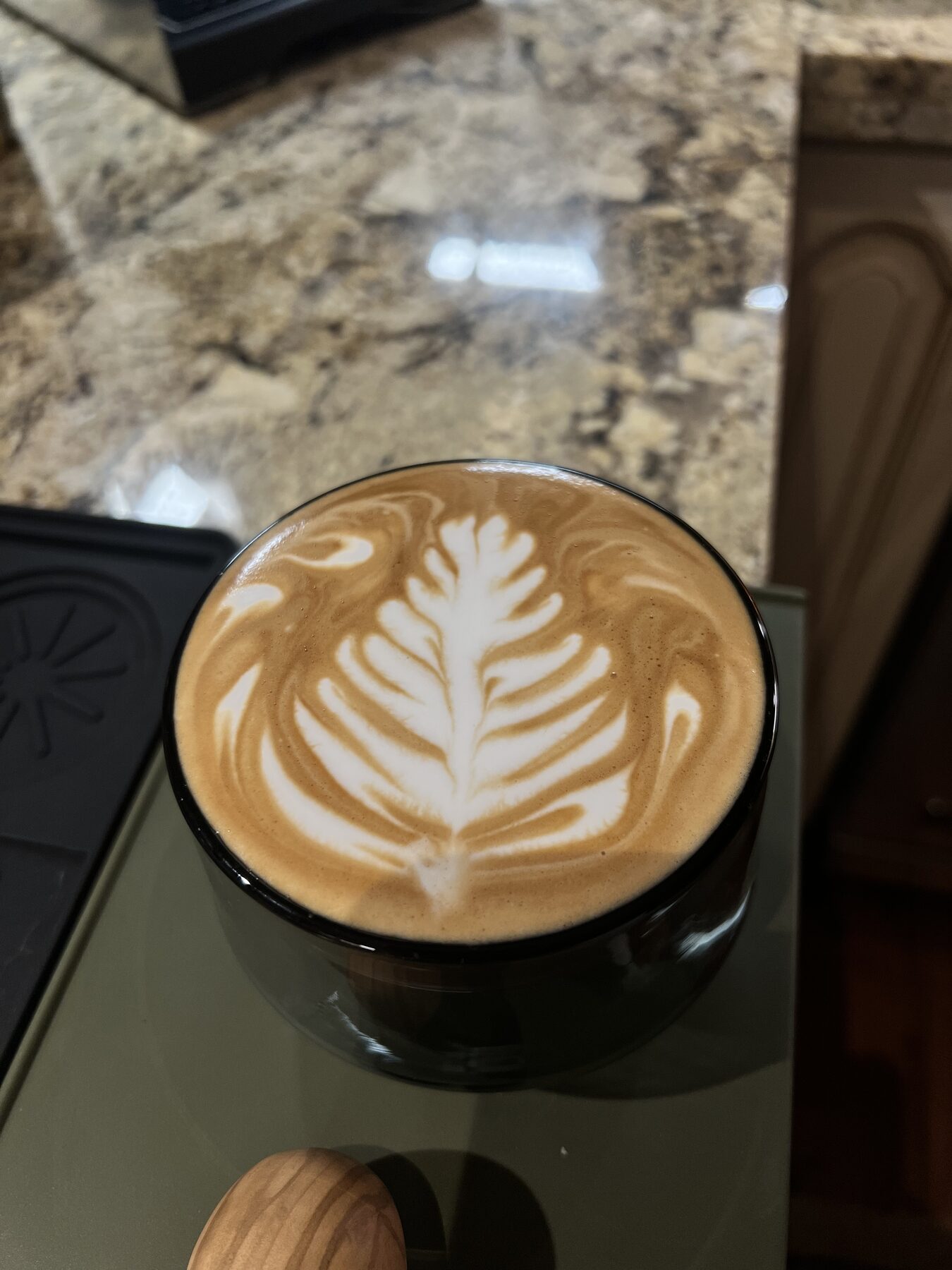 A finished milk drink in a cup, photographed from above, with poured leaf latte art.
