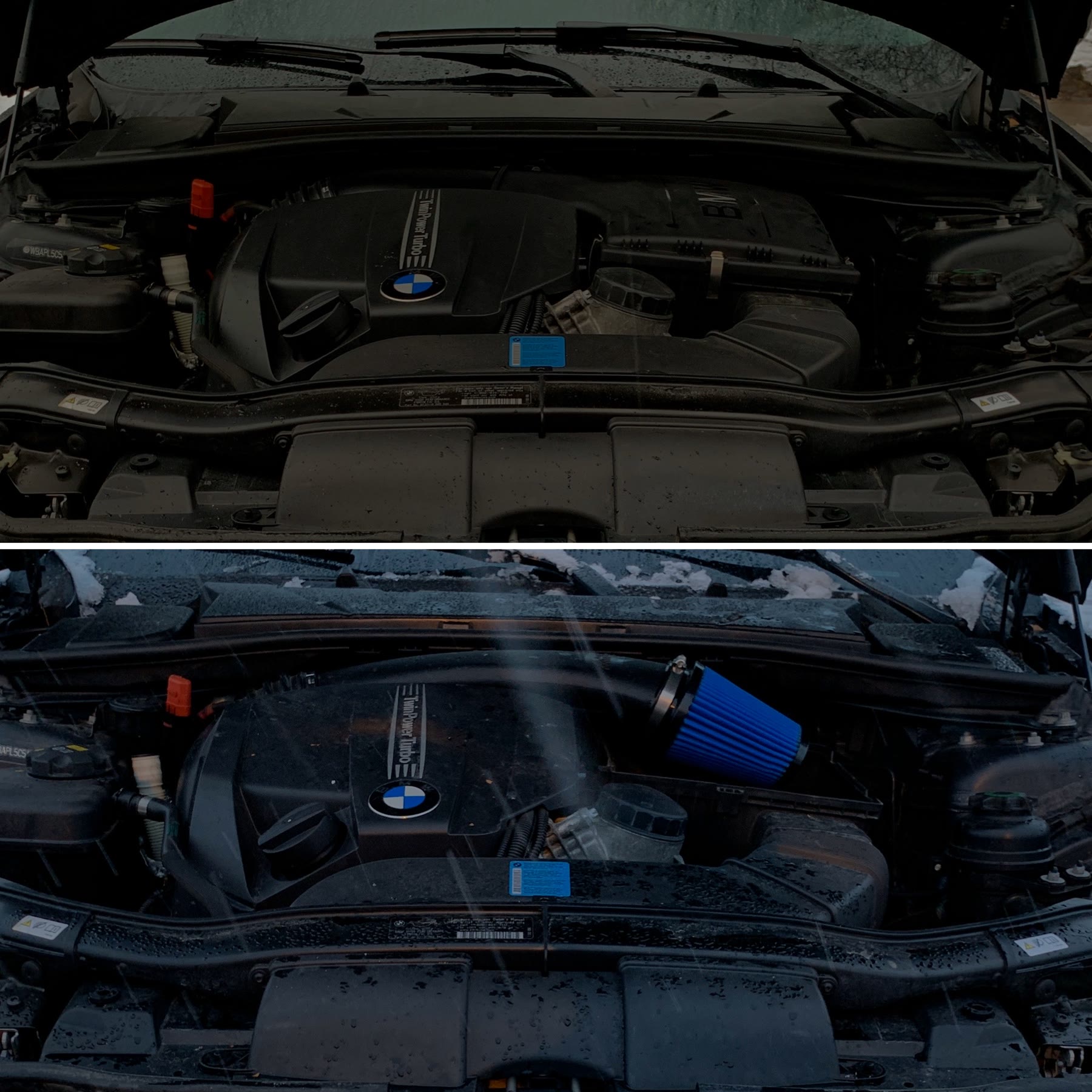 Two N55 intake manifolds side-by-side for comparison