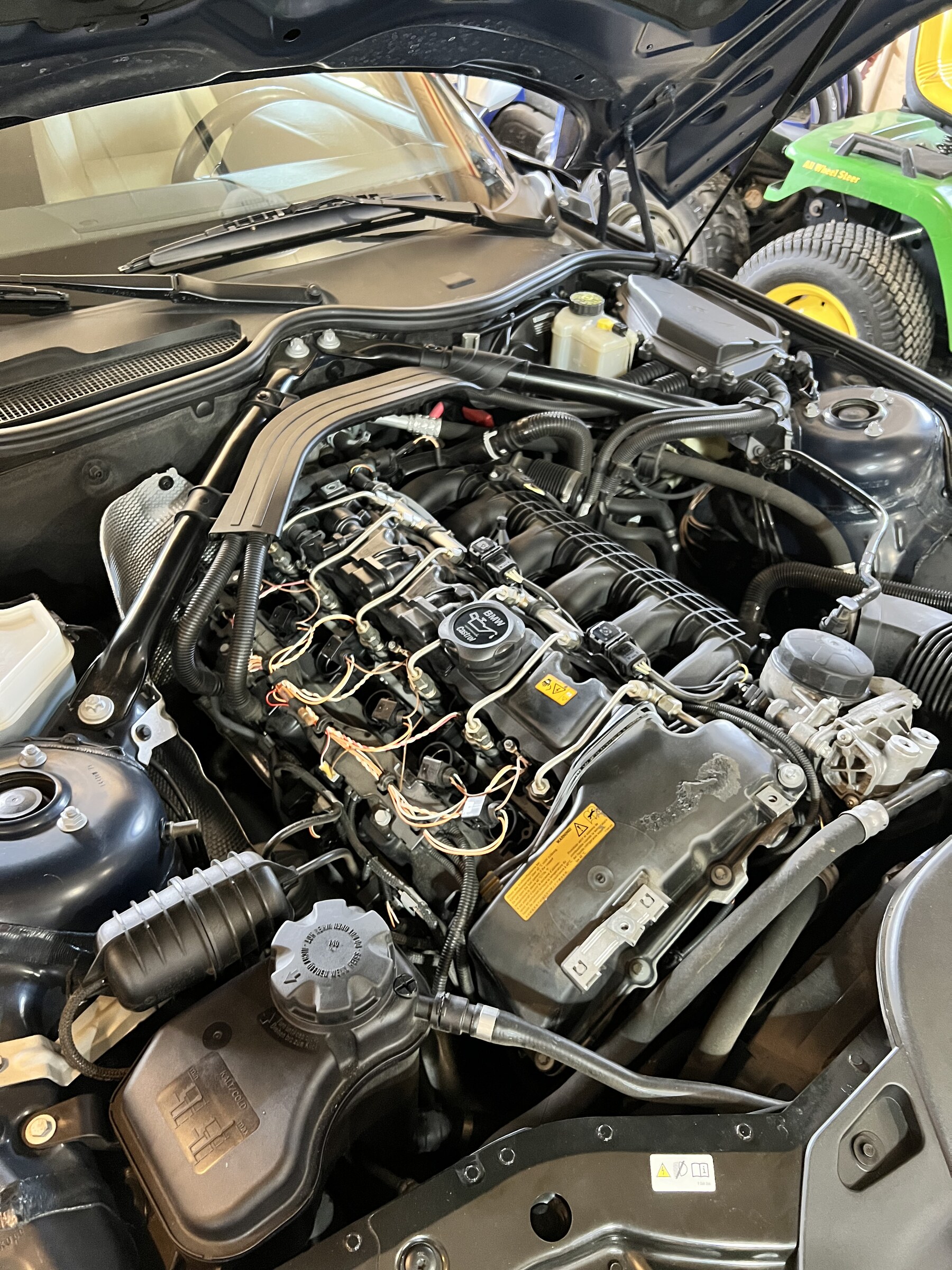 BMW Z4 N54 engine bay mid-service, engine cover off