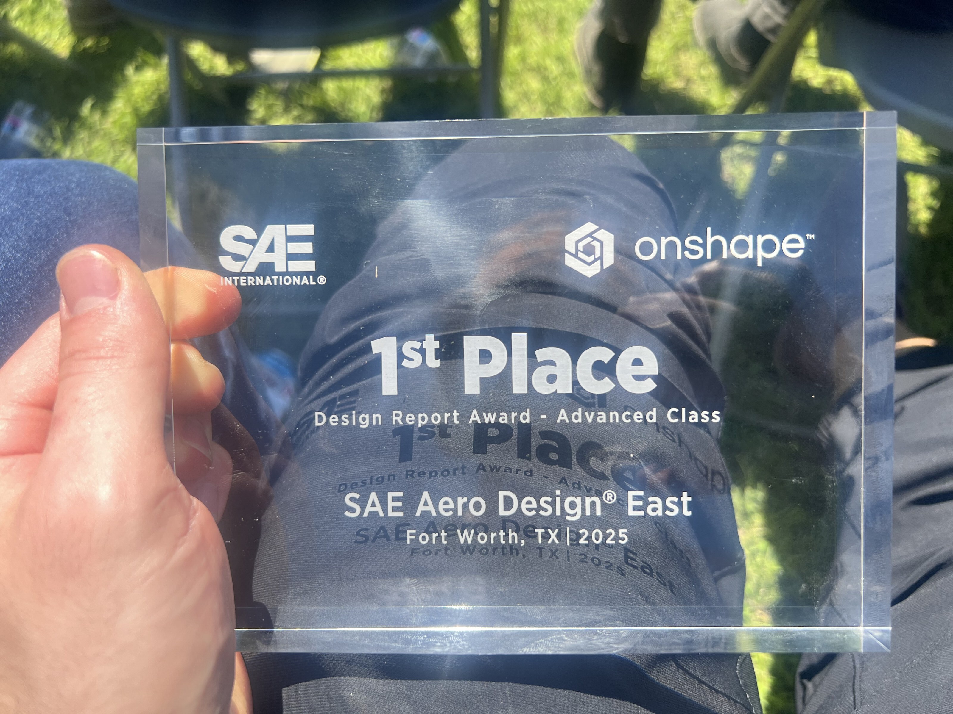 SAE Aero Design East 2025 plaque — 1st Place, Design Report Award, Advanced Class — Fort Worth, TX 2025 — onshape