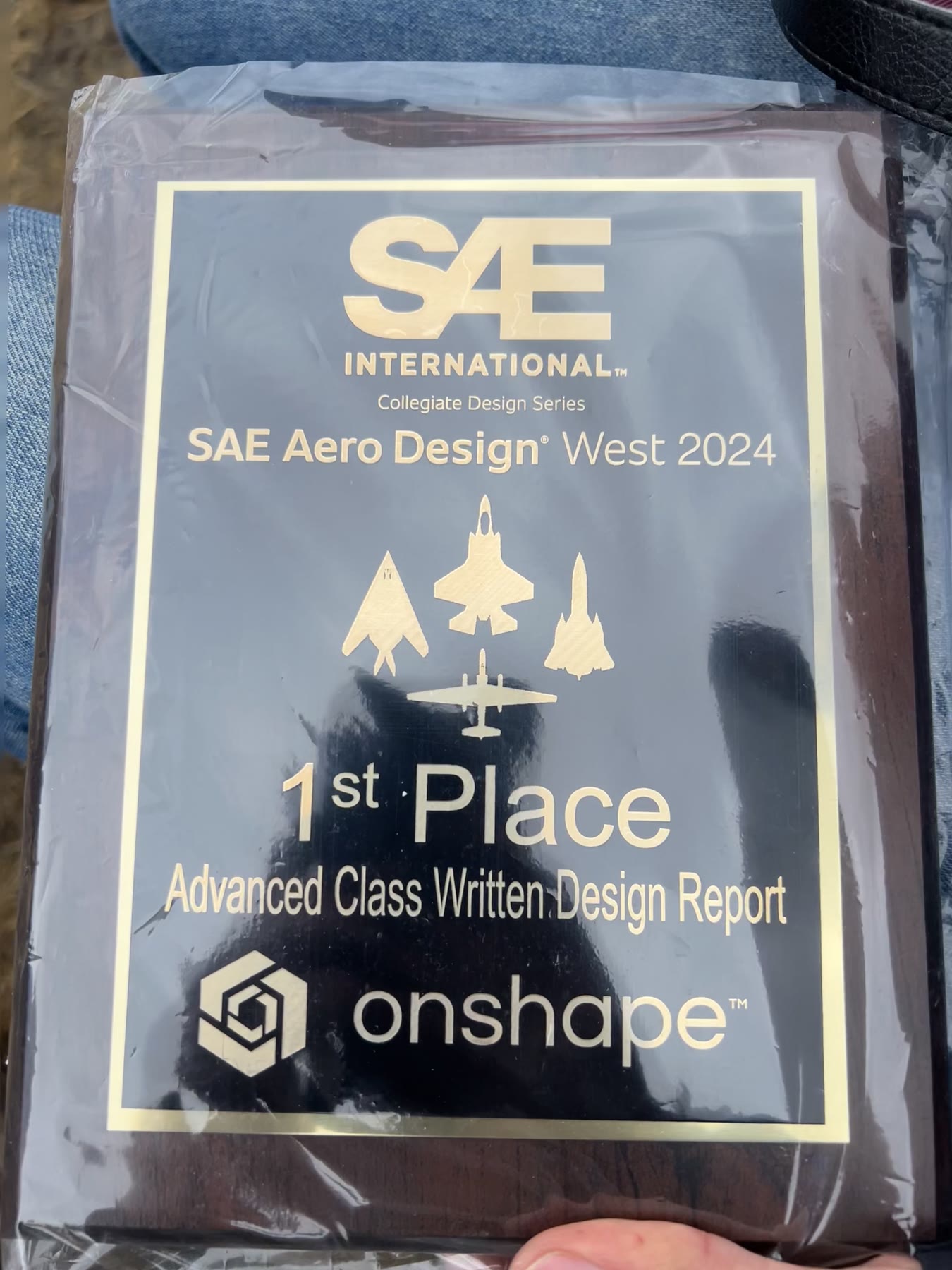 SAE Aero Design West 2024 plaque — 1st Place, Advanced Class Written Design Report — onshape