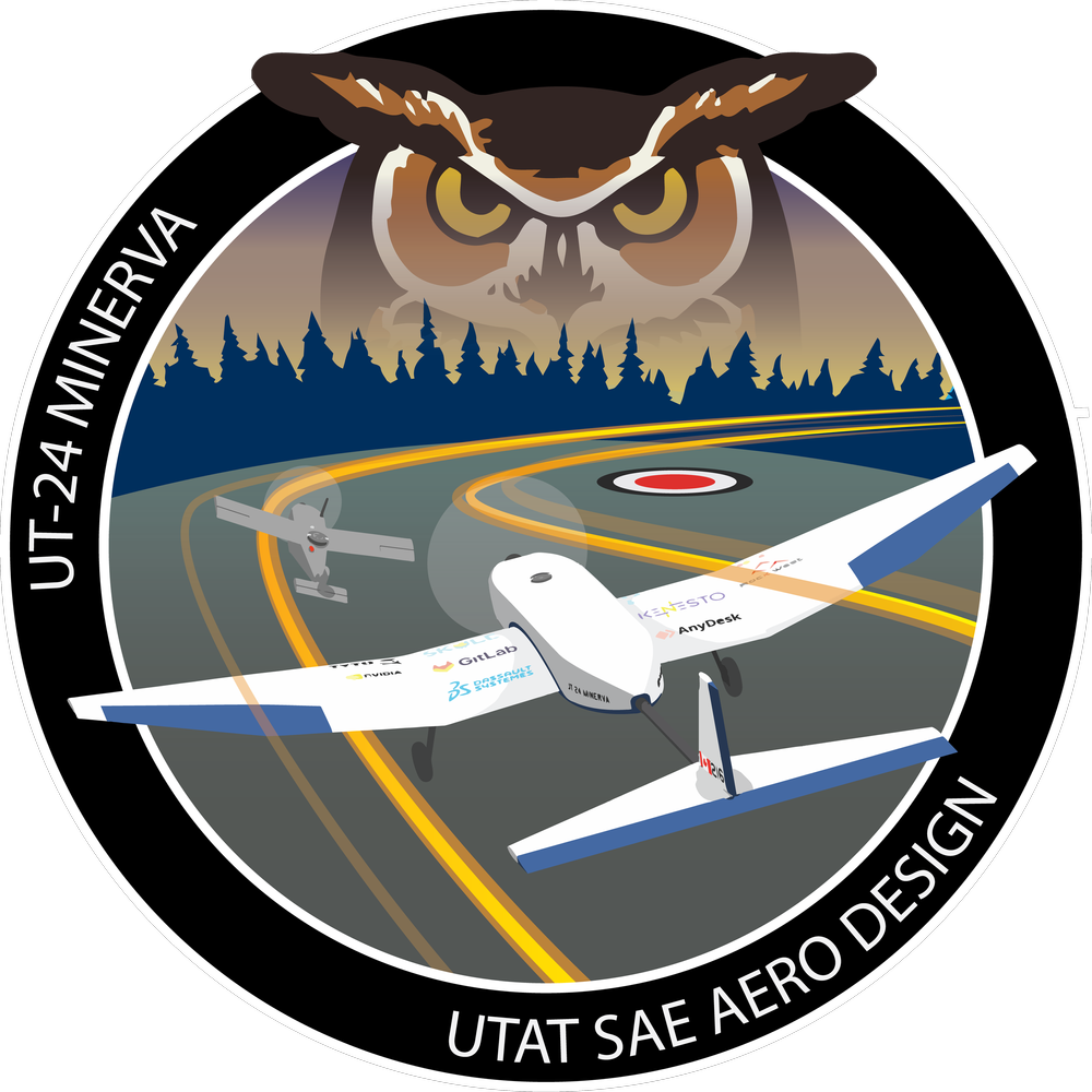 The UT-24 Minerva mission patch: a circular badge reading UT-24 MINERVA and UTAT SAE AERO DESIGN, with a great horned owl over a treeline at dusk, the aircraft in the foreground, a second smaller aircraft climbing away at the upper left, curved yellow tracks across the ground, and a red and white target marked on it.