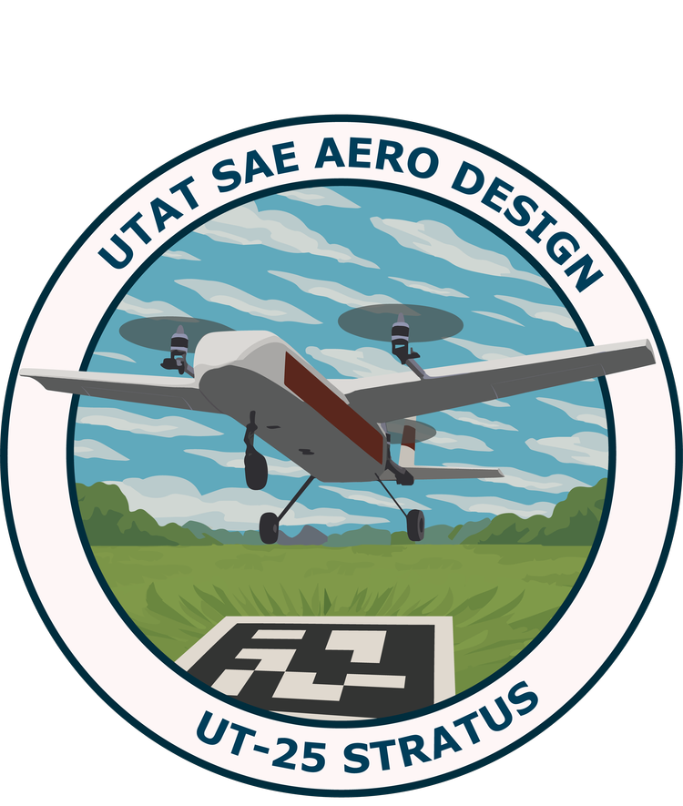 The UT-25 Stratus mission patch: a circular badge reading UTAT SAE AERO DESIGN and UT-25 STRATUS, with the twin-motor aircraft drawn on short final, gear down, over a large black and white fiducial marker laid flat in grass.