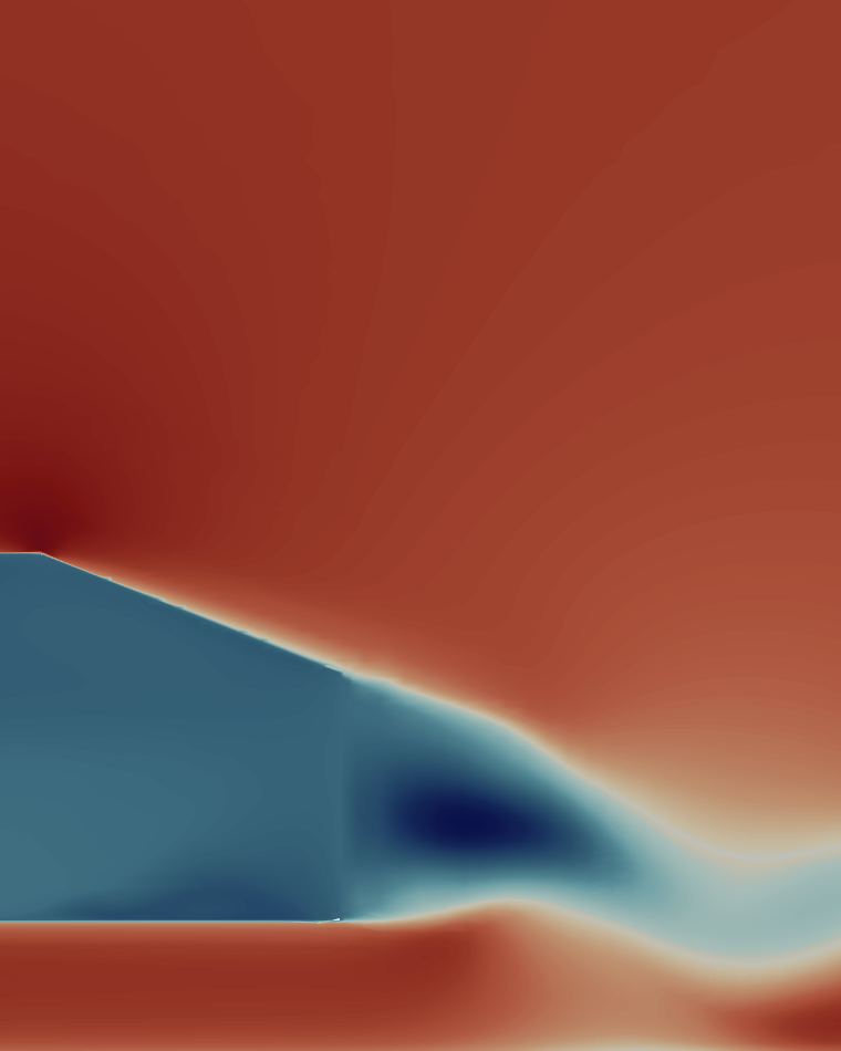 Streamwise velocity on the Ahmed body's symmetry plane: the slant, the separated shear layer above it, the reversed-flow pocket behind, and the wake curling off the ground line.