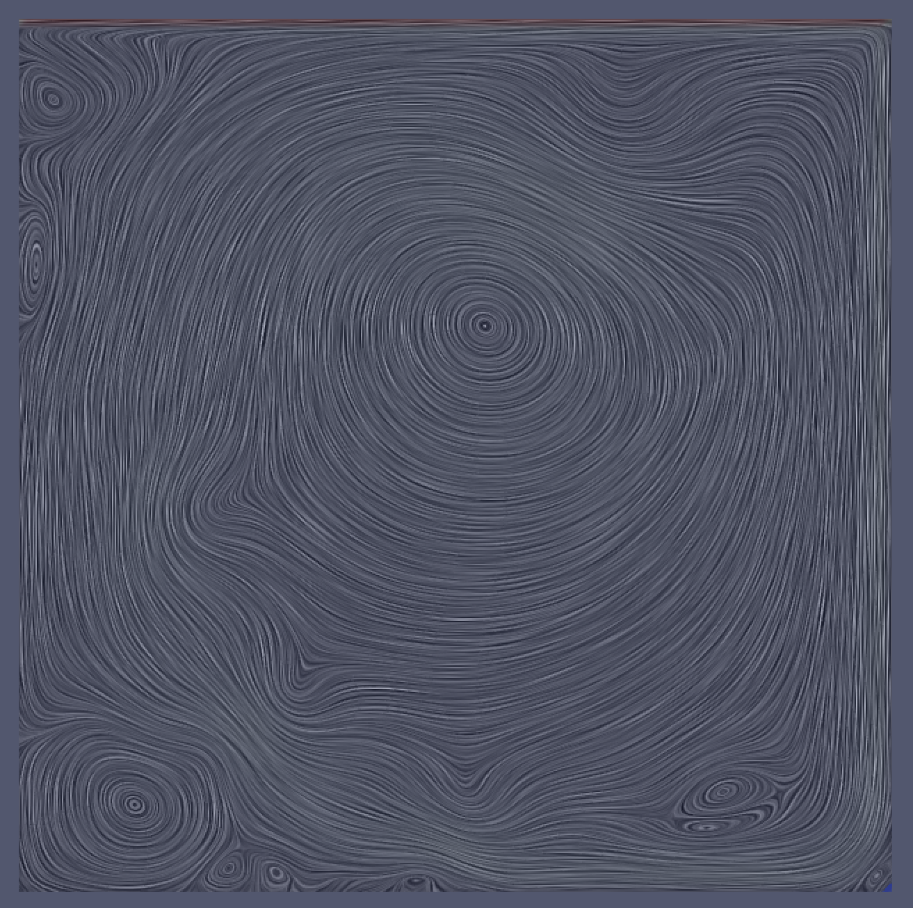 Lid-driven cavity — surface line-convolution image, quantitative validation output