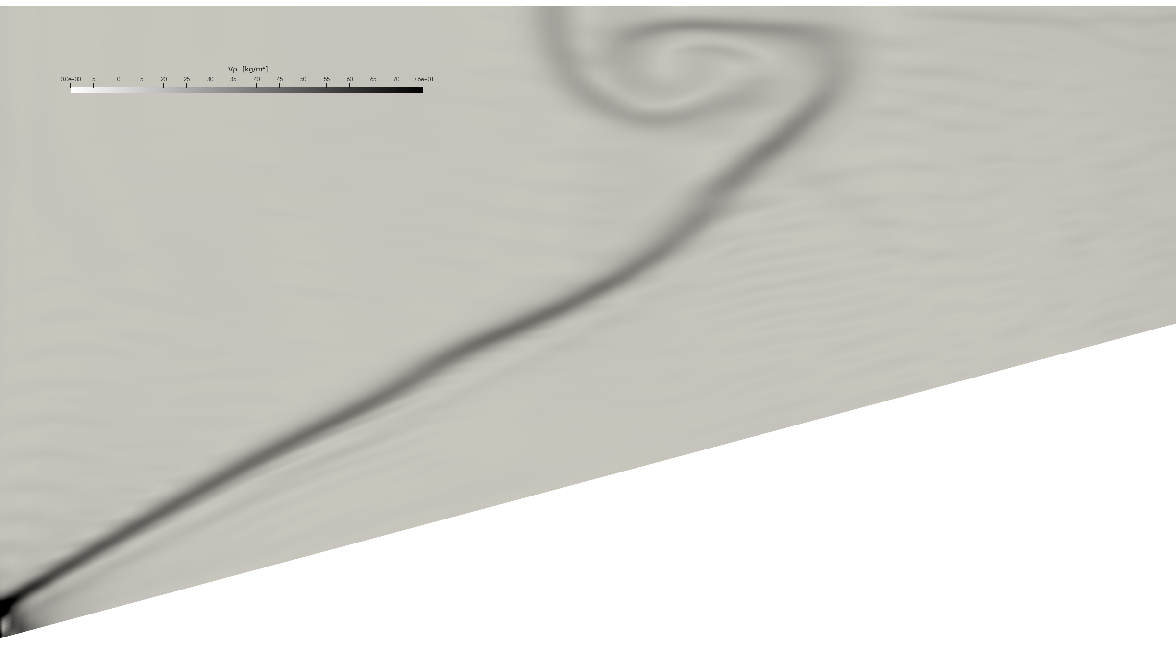 Mach-2 oblique-shock reflection on a 15° wedge — numerical schlieren (|∇ρ|), shock fronts as dark lines on white