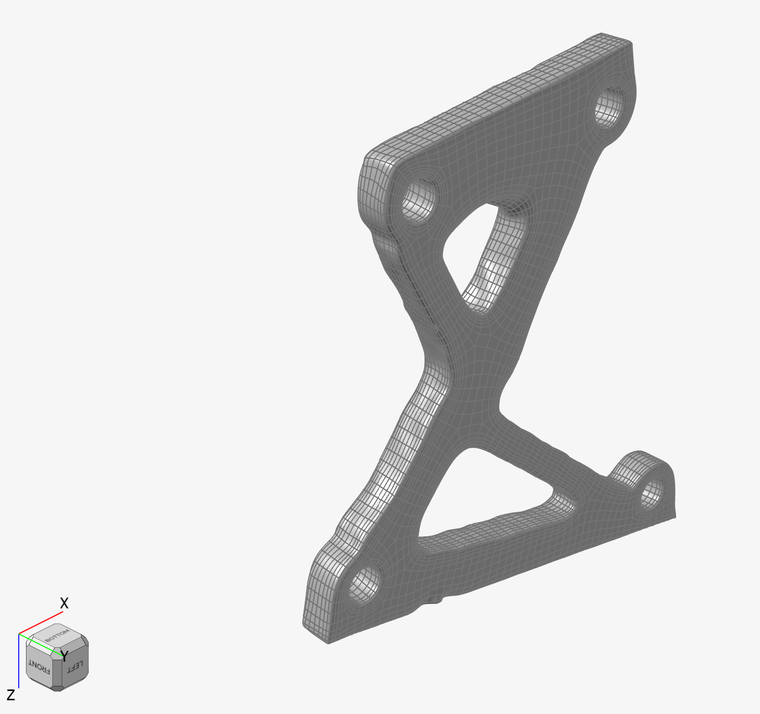 A topology-optimised slat bracket refitted as a smooth polyNURBS solid, ready to be made.