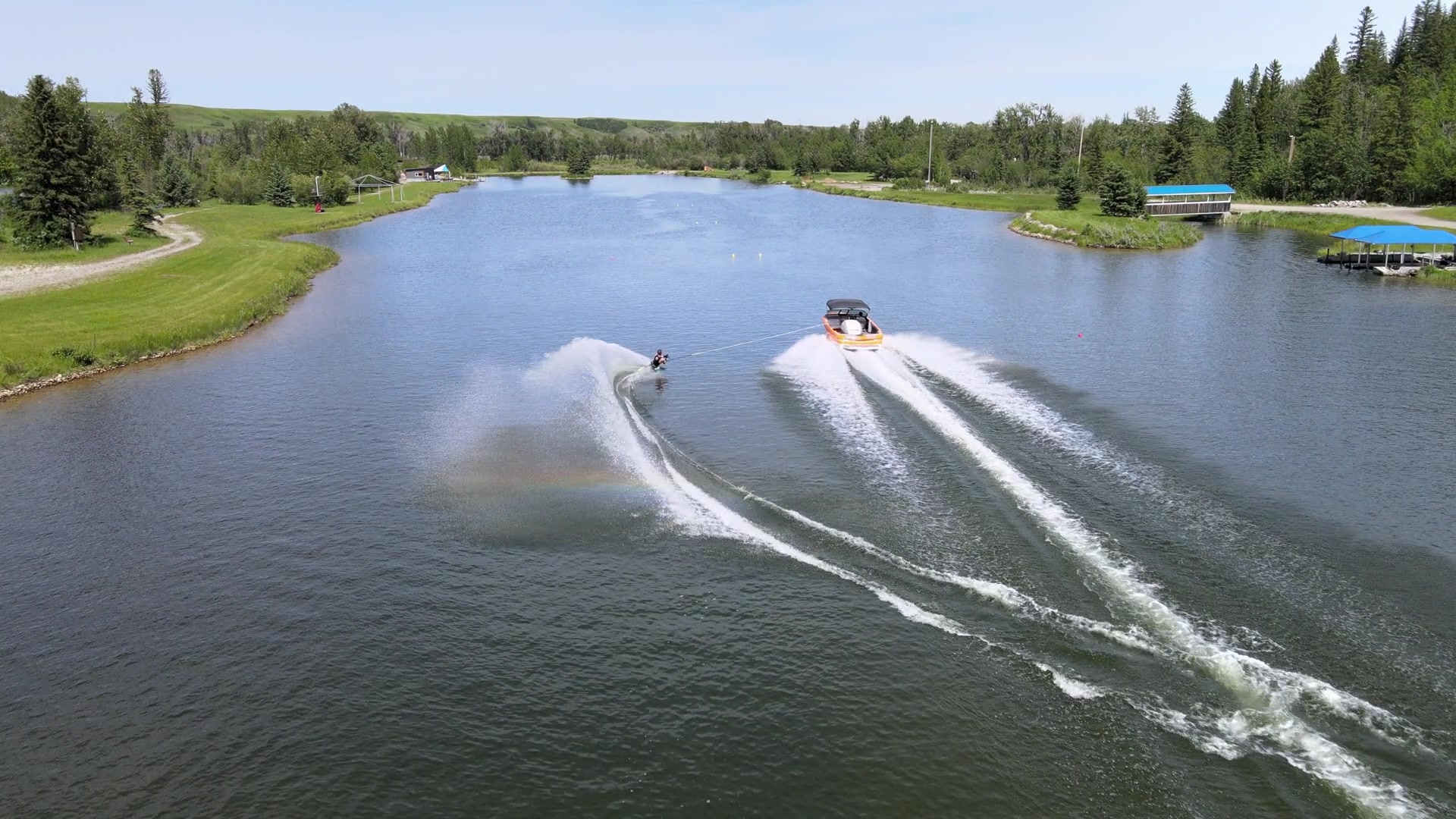 Wide aerial of a skier in a wide channel